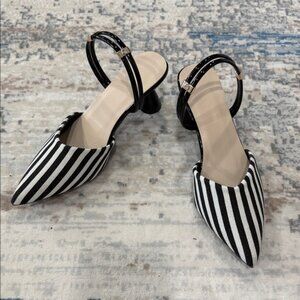 Striped Pointed-Toe Slingback Heels - Black & White